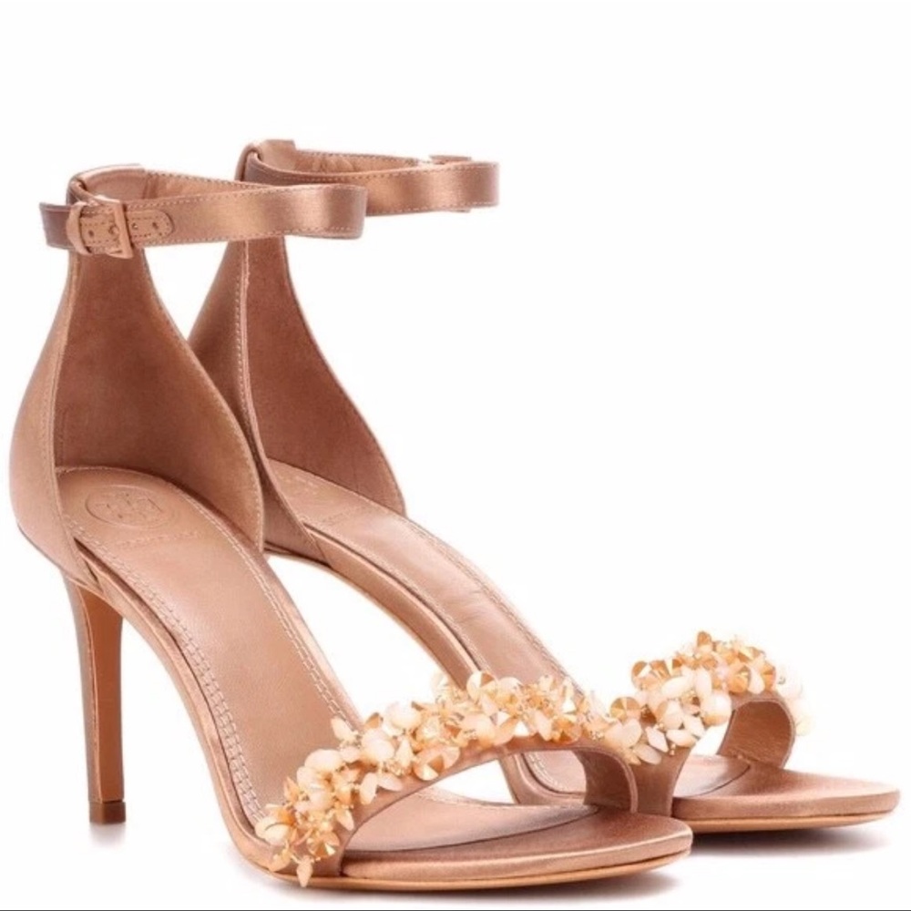 Tory Burch “Logan” Embellished Satin Sandals – Crystal Detail – Size 8